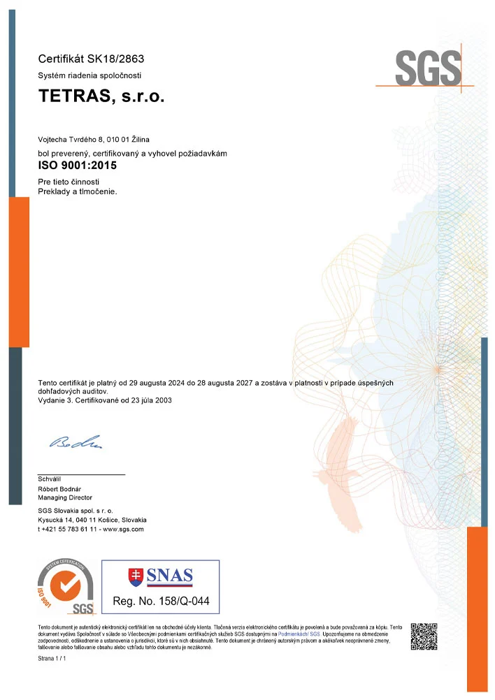 Certifikát ISO 9001:2015